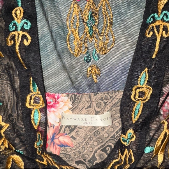 Wayward Fancies Graphic Embroidery Tulle Overlay Floral Print Crepe Empire Dress - Picture 4 of 10